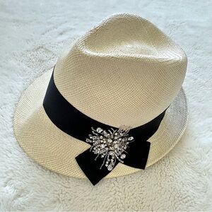 NEW!!! Brunello Cucinelli  Straw Fedora Hat with Rhinestone Brooch  $1795